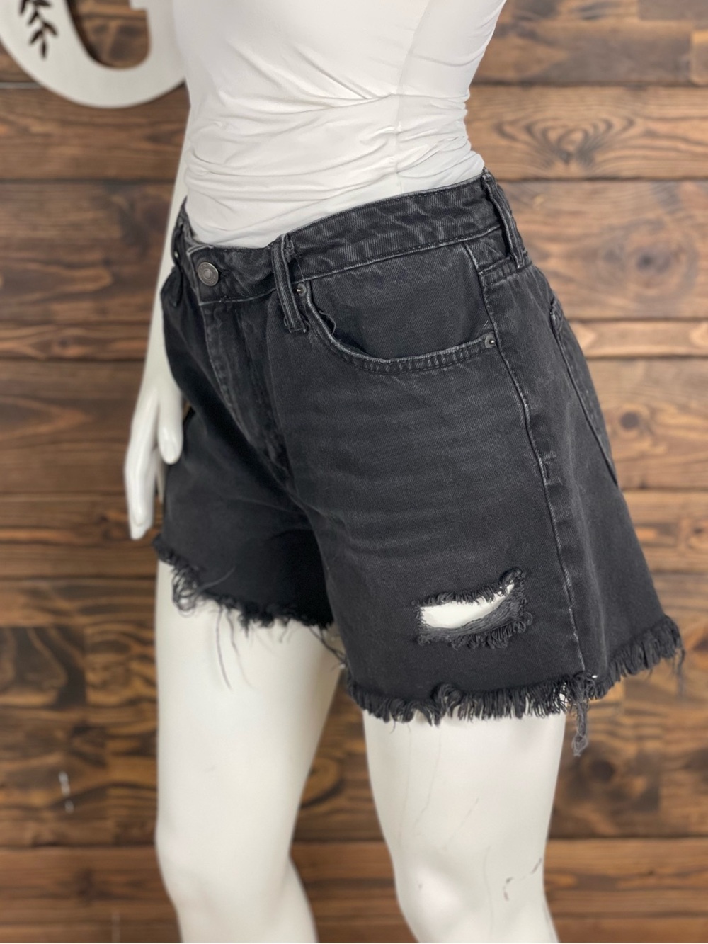 Forever 21 | Black Distressed Denim Shorts Casual Frayed Raw Edge Hem High Waist